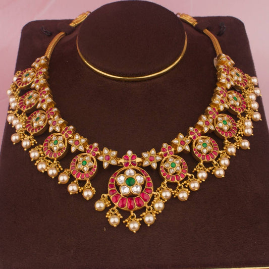 Traditional South-Indian Jadau Kundan Bottu Necklace With Swarovski Pearl Hangings