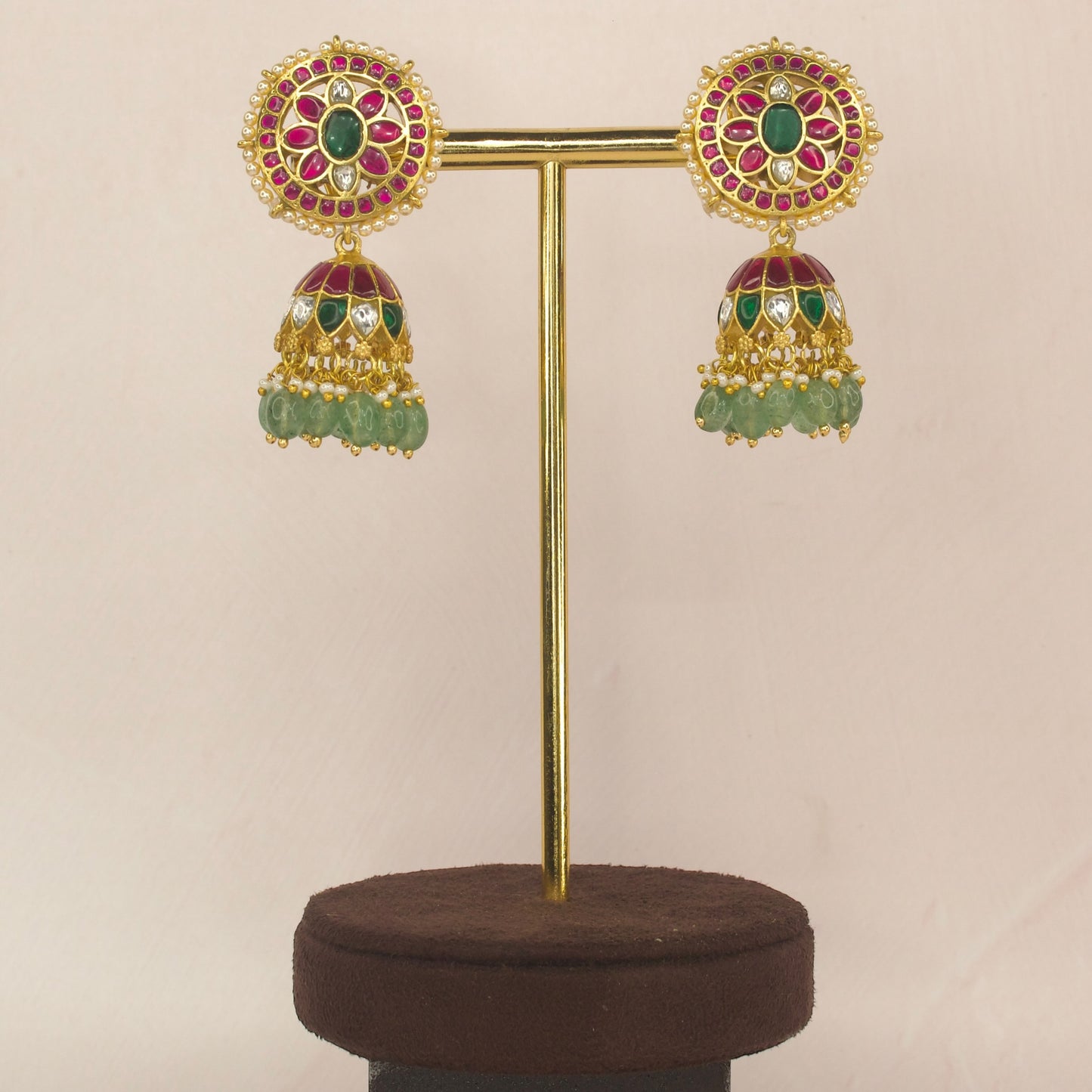 Sabyasachi inspired Ruby emerald jadau kundan jhumka with 22k Gold plating