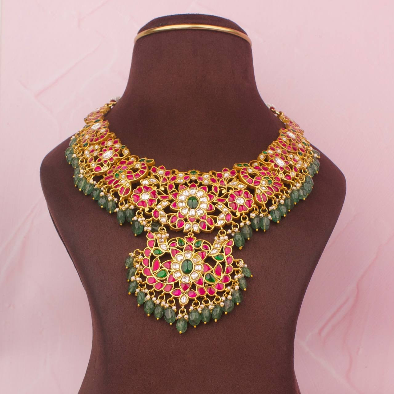 Gold Inspired Jadau Kundan Necklace With Strawberry Beads As Hangings
