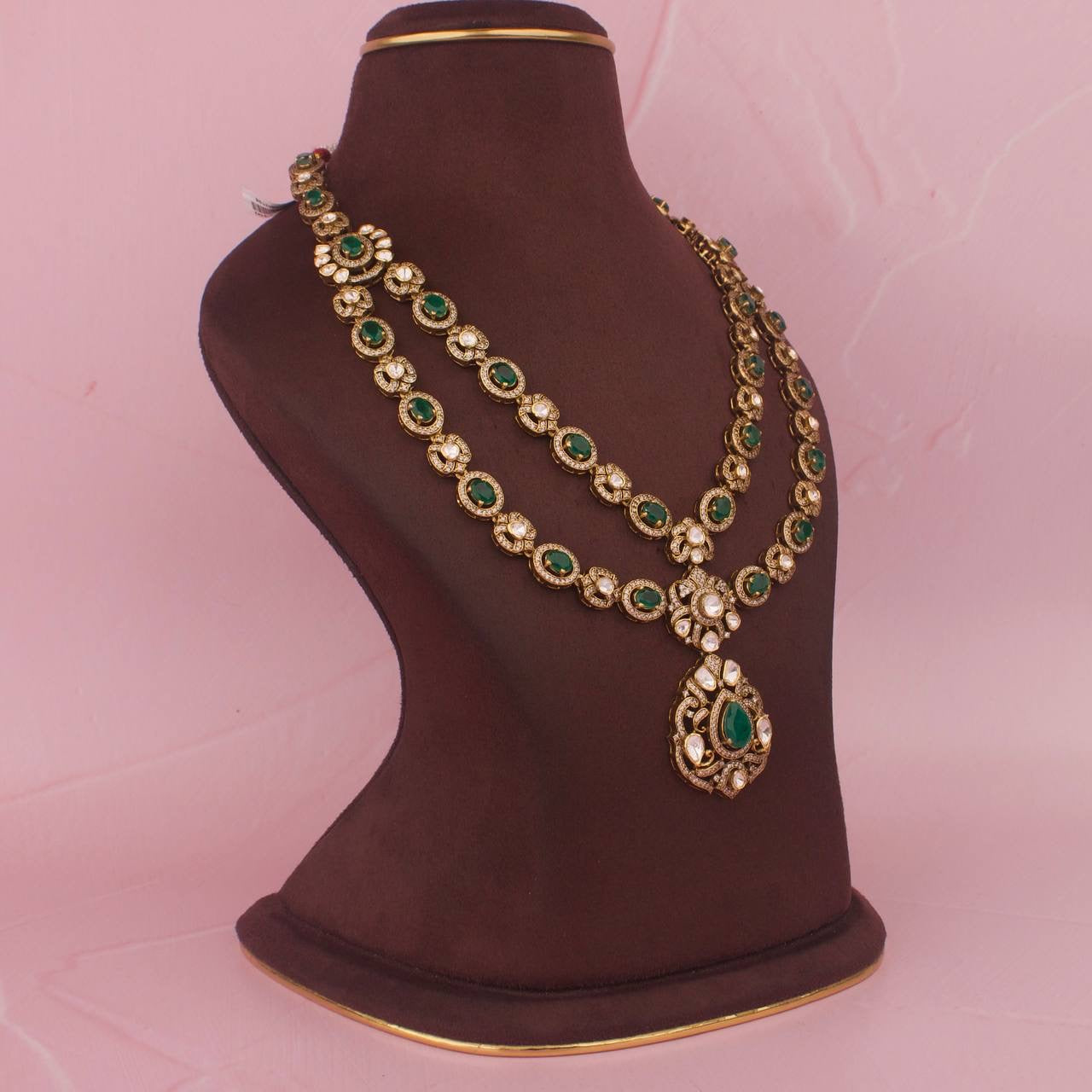 Pure 925 Silver Double Step Moissanite Polki Necklace With Matching Earrings