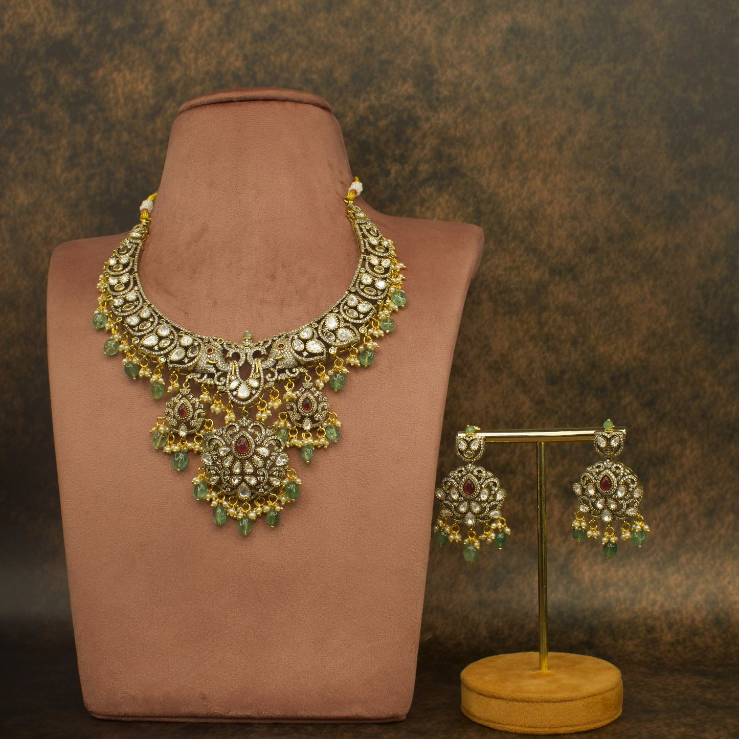 Victorian Polki Opulence Necklace Set with maang tikka finished in High Quality Victorian polish