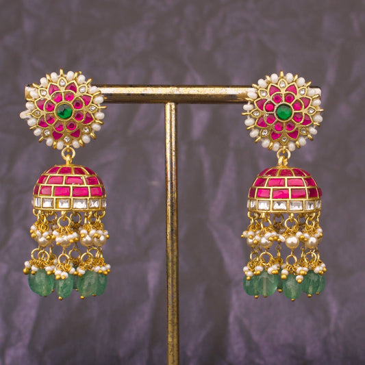 Designer Jadau Kundan Jhumki Earrings with Pearl Layers And Emerald Beads