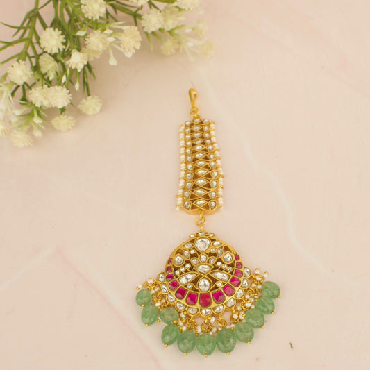 Chand Bali Design Jadau Kundan Bridal Long Maang Tikka with Green Beads