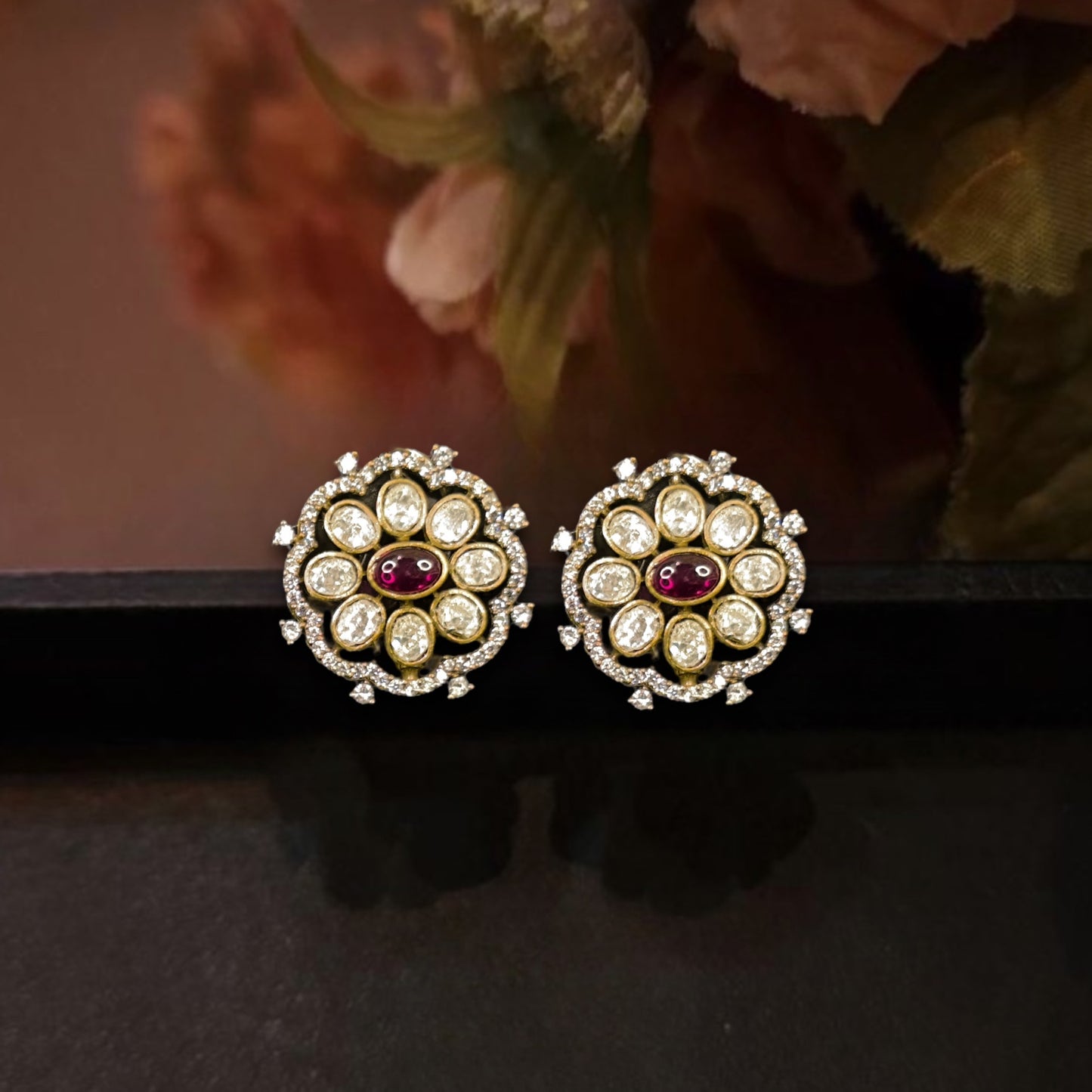 Floral Victorian Zircon Studs in push back style. This Victorian Jewellery is available in a Red colour variant. 
