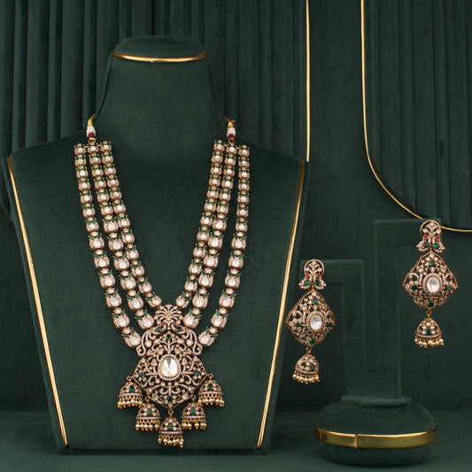 Elegant Victorian Polki Necklace Set With Jhumki Drops - Handcrafted Indian Bridal Jewelry by Dulhan Jewels