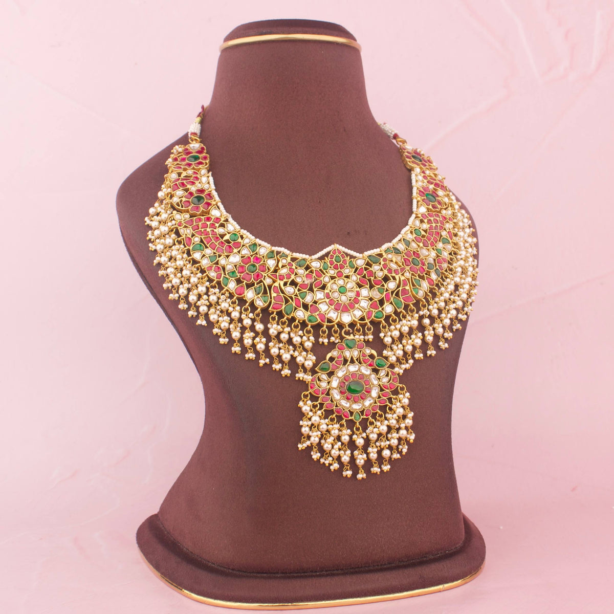 Gold Design Jadau Kundan Necklace With Swarovski Pearl Hangings