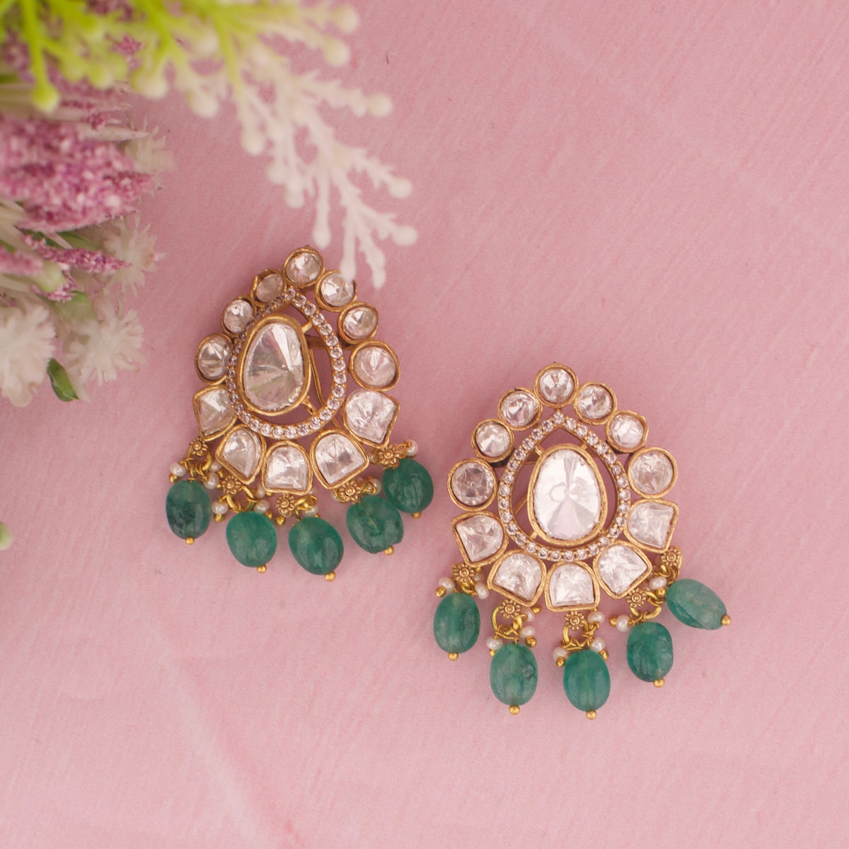 Designer Multi-Layered Haram Necklace Set With Green Bead Drops