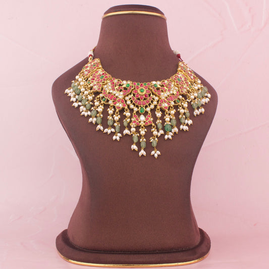 Graceful Jadau Kundan Necklace With Ricepearl Hangings - Handcrafted Indian Bridal Jewelry by Dulhan Jewels