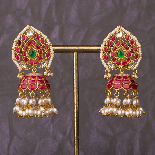 Floral Studded Jadau Kundan Jhumki With Ricepearl Hangings