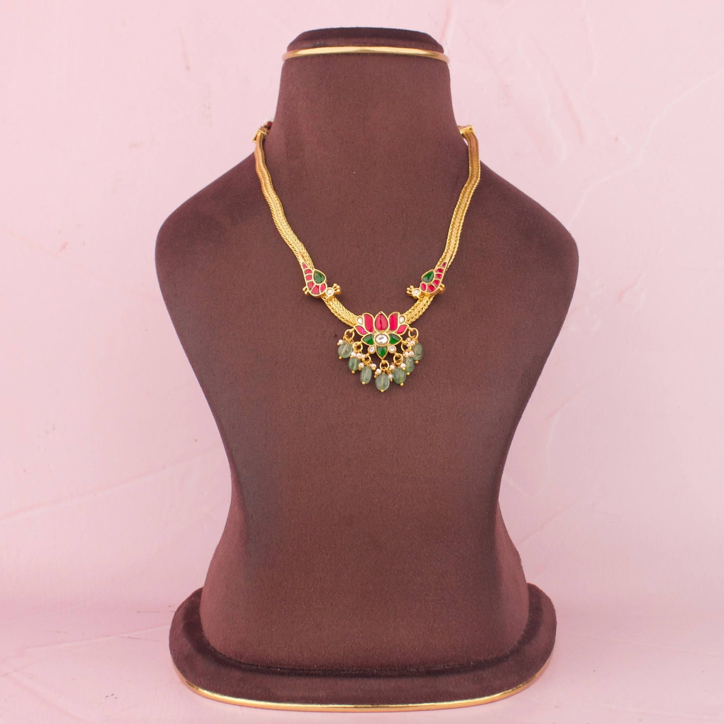 Designer Nantad Necklace Set With Green Beads And Matching Studs
