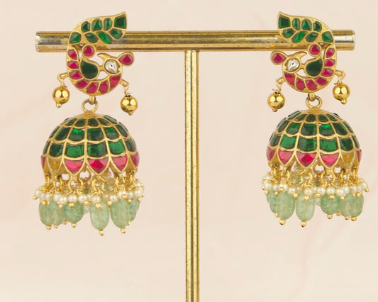 Elegant Peacock Jadau kundan Jhumka with rice pearls - DULHAN JEWELS