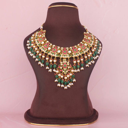 Floral Jadau Kundan Short Necklace With Strawberry Beads Hangings