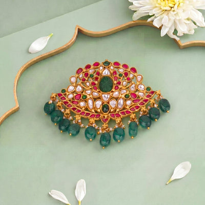 Classic Jadau Kundan Pendant With Emerald Hangings