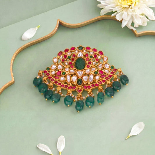 Classic Jadau Kundan Pendant With Emerald Hangings