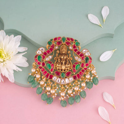 Delicate Jadau Kundan Laxmi Devi Locket With Green Drops