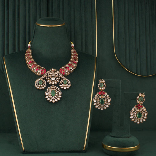 Victorian Kundan Moissanite Polki Necklace Set With Matching Earrings - Handcrafted Indian Bridal Jewelry by Dulhan Jewels