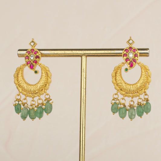 Regal Emerald Drop Jadau Kundan Chandbali Earrings