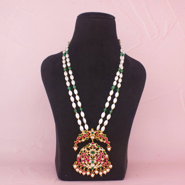Classic White And Green Beads Mala With Jadau Kundan Statement Locket