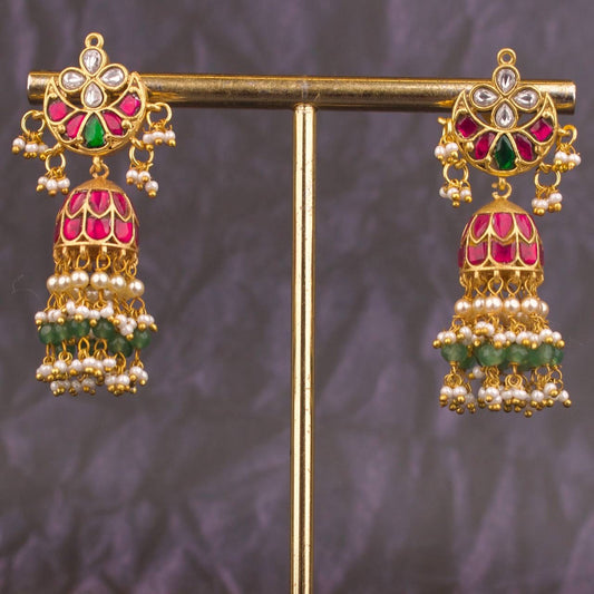 Cute Chand Floral Studded Jhumki Earring With Guttapusalu Hangings