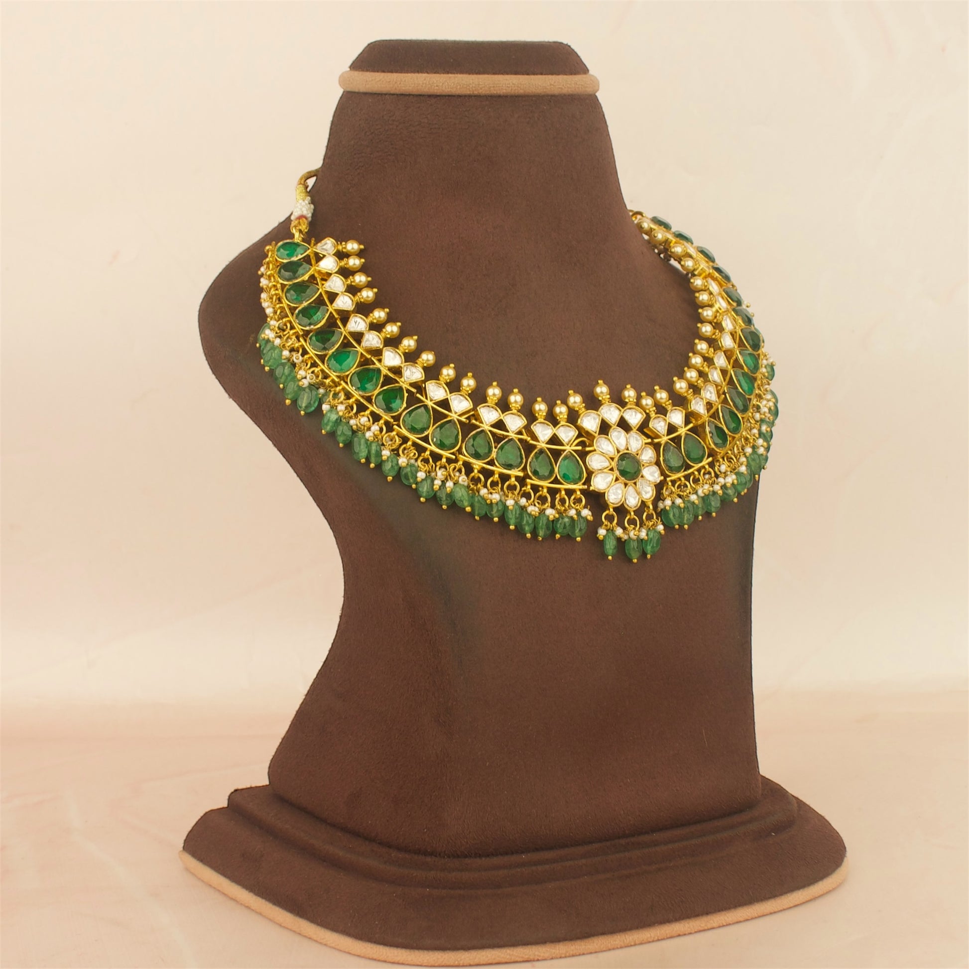 Classic Moissanite Polki Emerald Stone Short Necklace