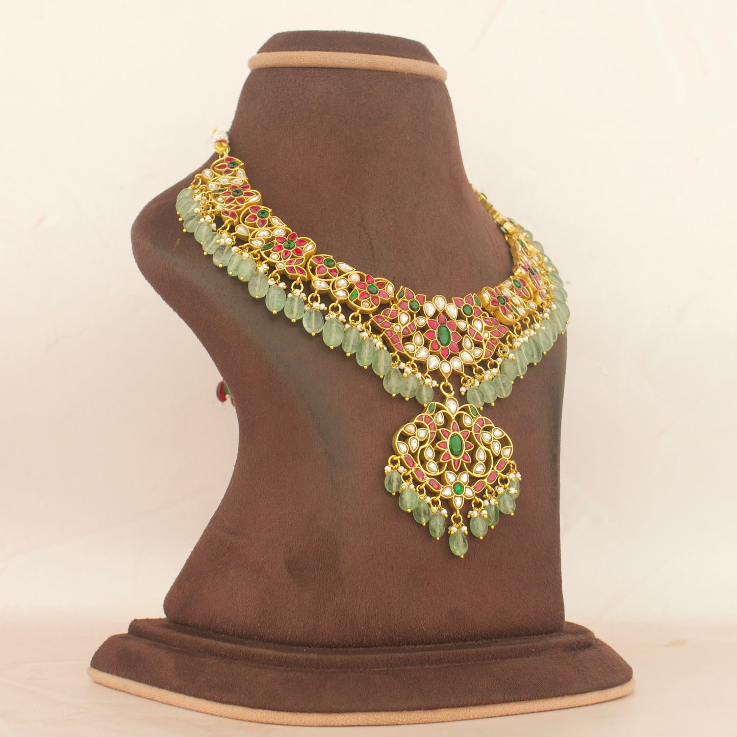 Gold Look Jadau Kundan Short Necklace with Green Beads As Hangings