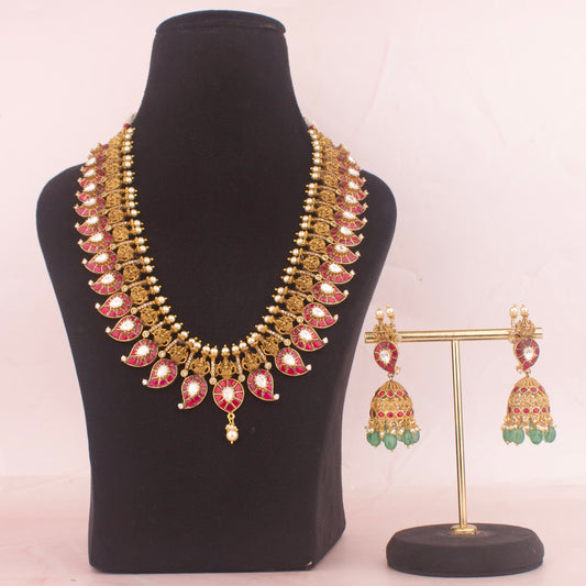 Antique Jadau Kundan Traditional Necklace Set With Matching Earrings - DULHAN JEWELS