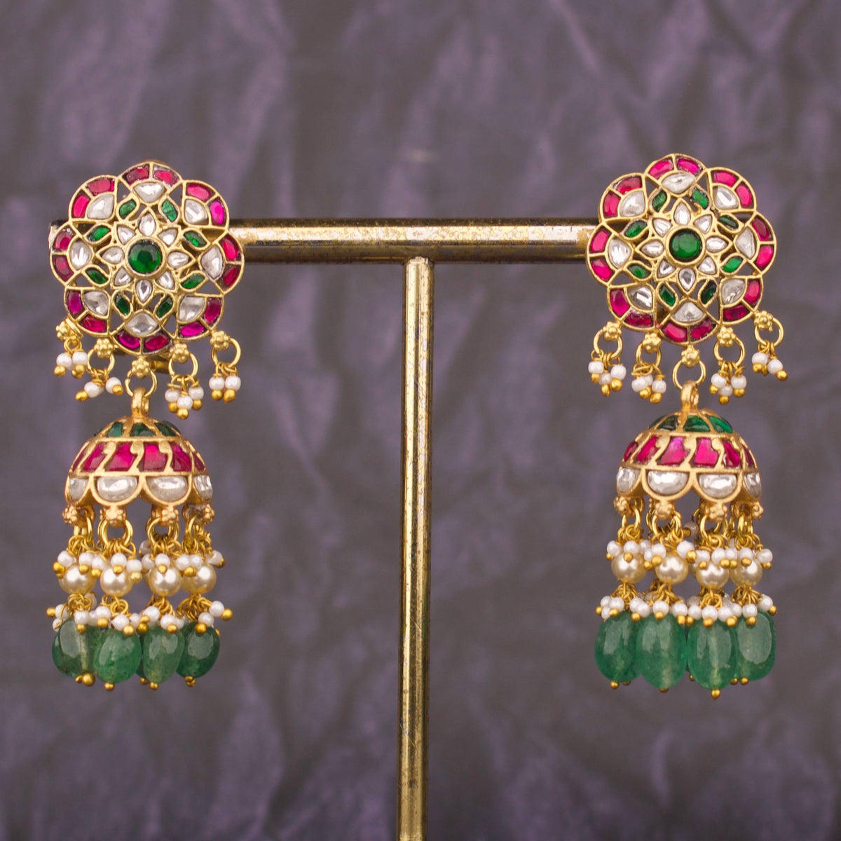 Traditional Jadau Kundan Jhumki With Multi-Stone Floral And Green Hangings