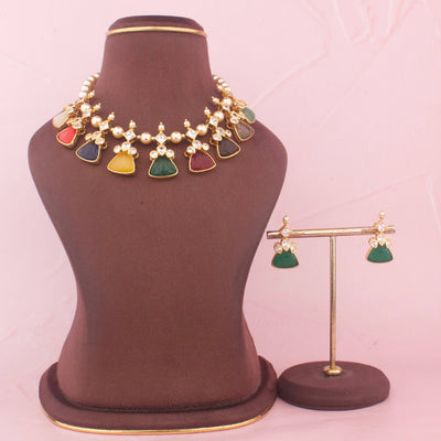 Multicolor Jadau Kundan Necklace Set With Green Earrings