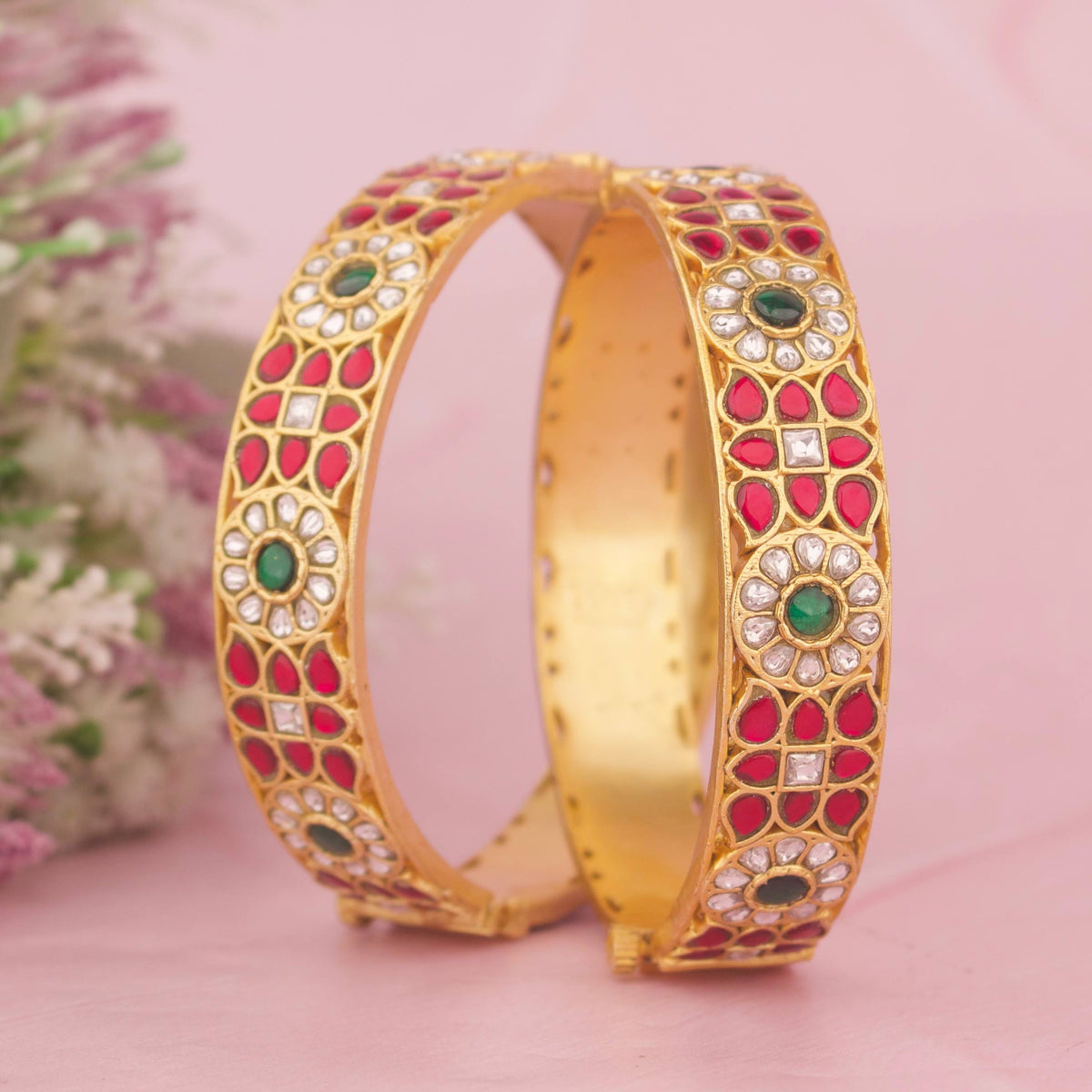 Gold Style Jadau Kundan Bangles With Floral Design Styling Angle View 4 - Dulhan Jewels