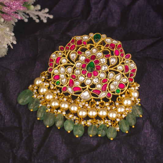 Designer Jadau Kundan Pendant – Luxury Pendant With Guttapusalu Hangings - DULHAN JEWELS