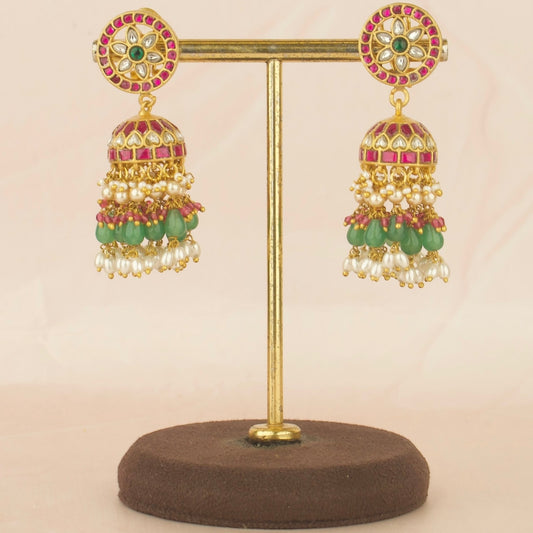 Unique  Jadau Kundan Jhumka with Swarovski Rice Hanging