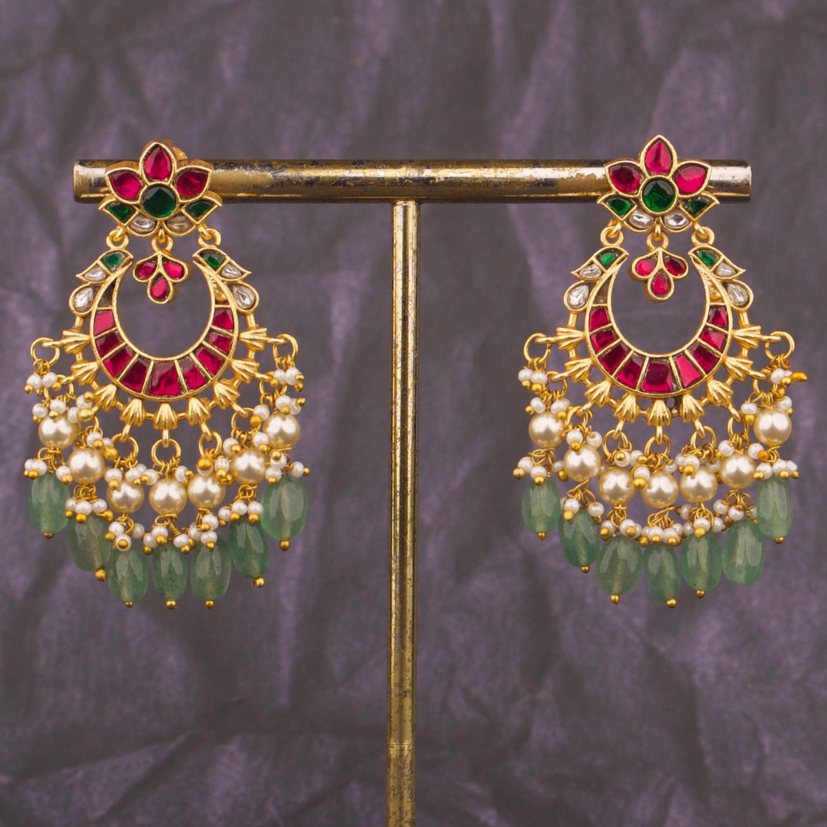 Jadau Kundan Lotus Motif Chandbali Earrings with Pearls And Green Beads Craftsmanship & Detail View - Dulhan Jewels