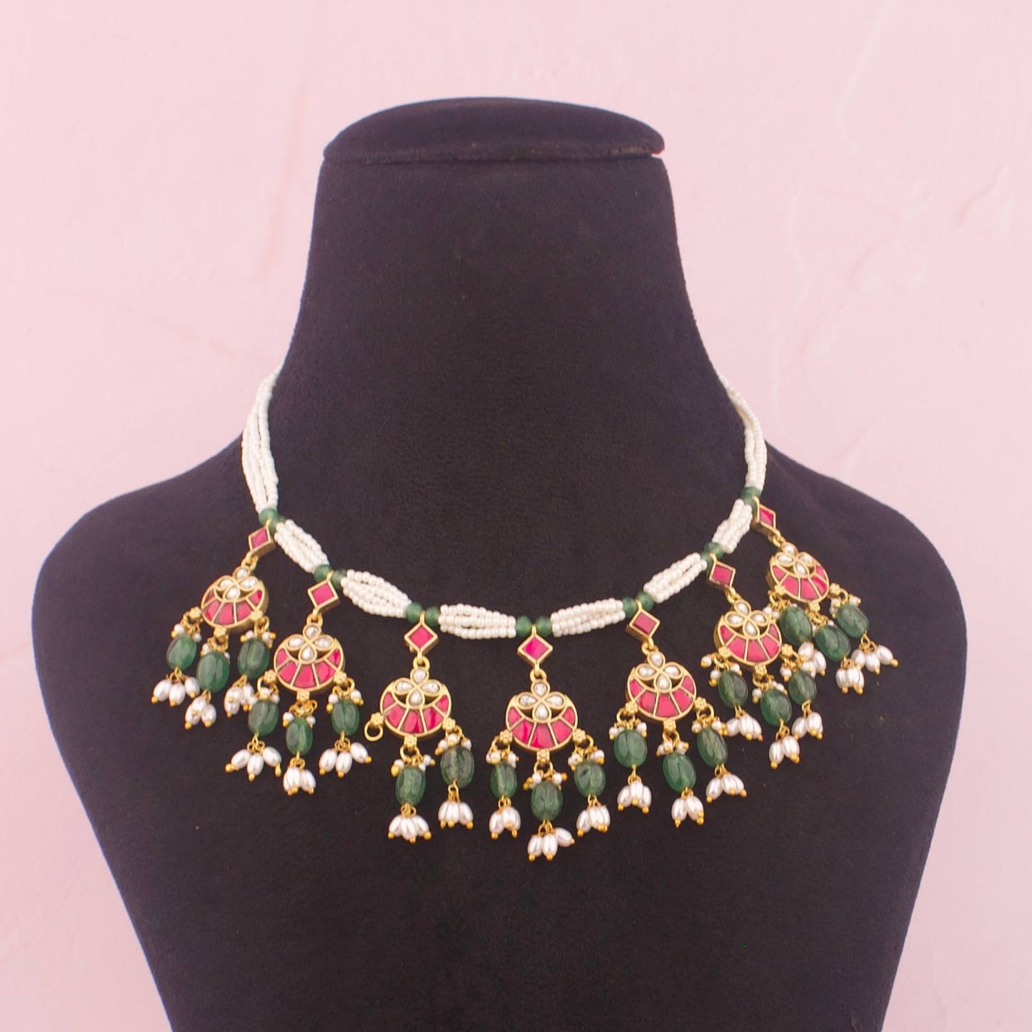 Ethnic Jadau Kundan Necklace With Green Beads And Pearls