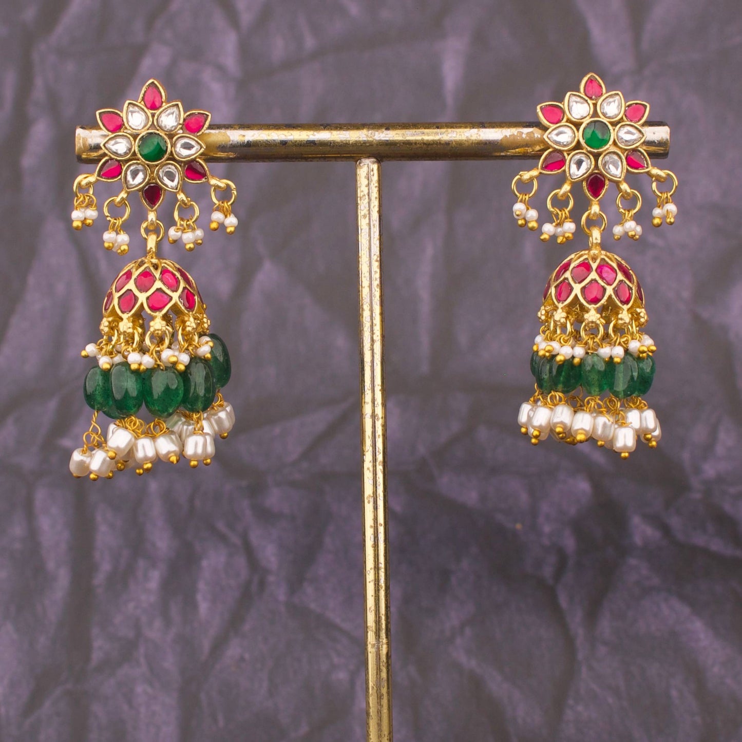 Floral Studded Jadau Kundan Jhumki With Pearl Hangings