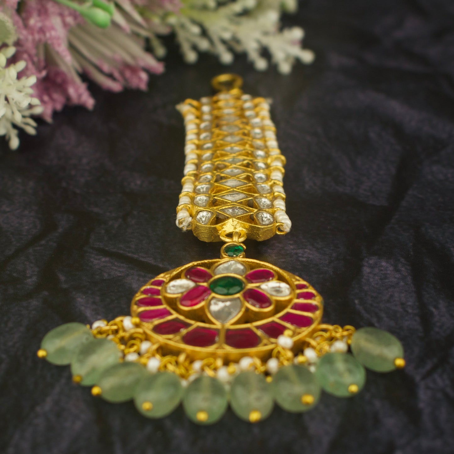 Radiant Chandbali Design Jadau Kundan Maang Tikka with Green Beads