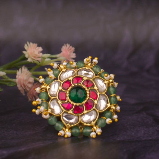 Floral Design Jadau Kundan Finger Ring With Beads Bordering