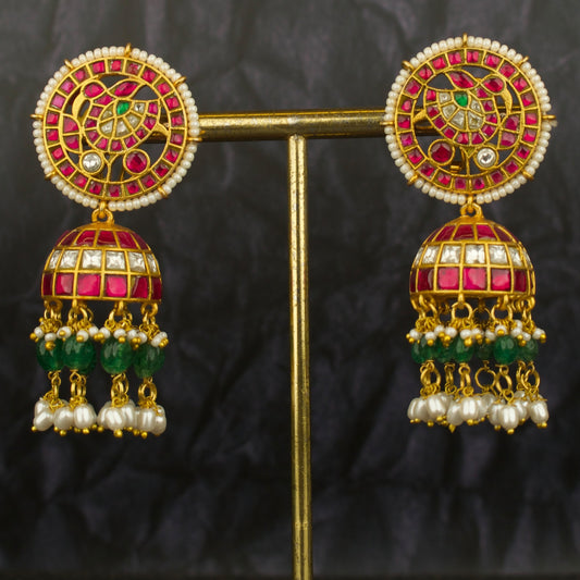 Bridal Peacock Studded Jadau Kundan Jhumki with Beads Hanging