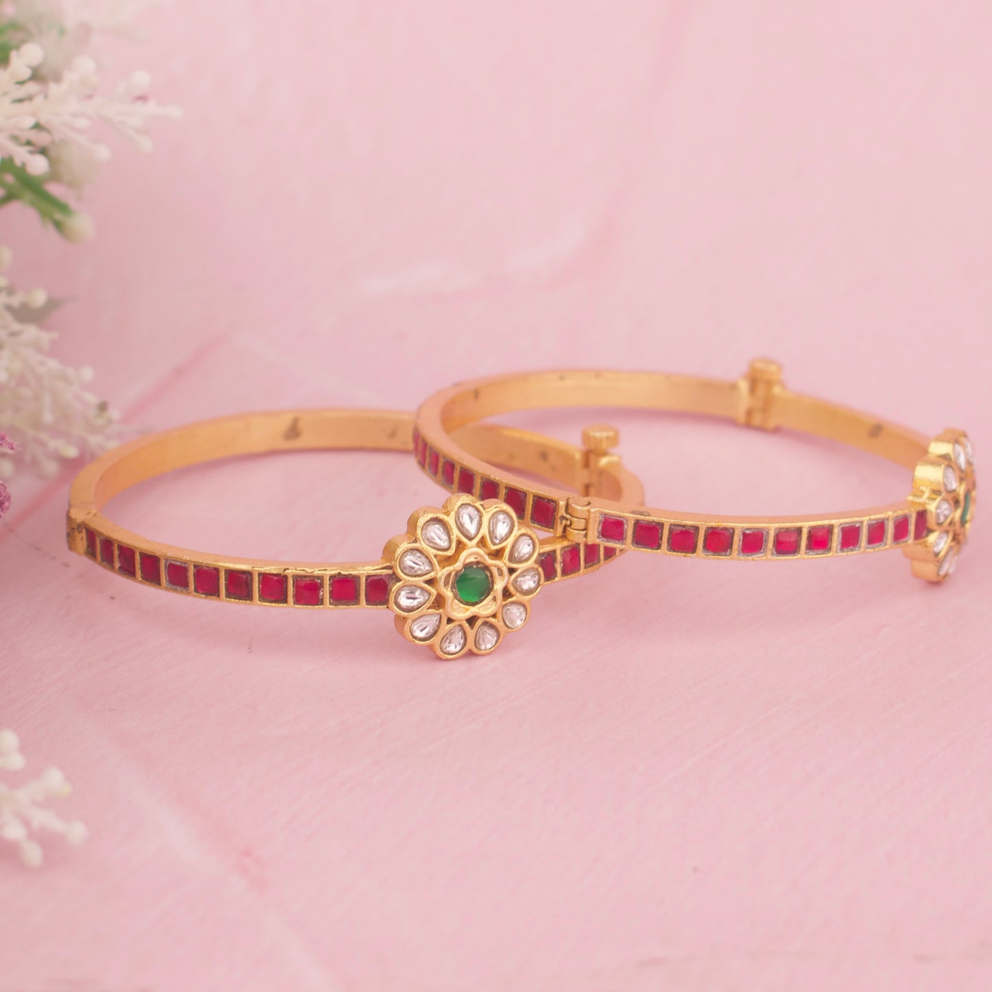 Blooming Jadau Kundan Bangle With Emerald And Ruby Accents