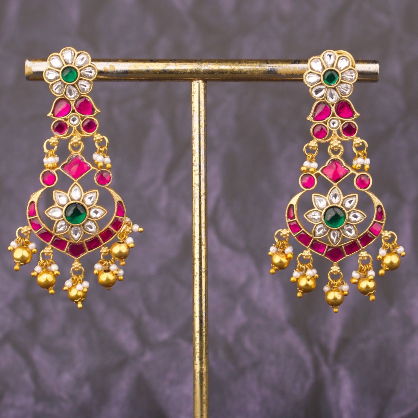 Traditional Crescent Design Jadau Kundan Chandbali Earrings With Ruby And Emerald Stones