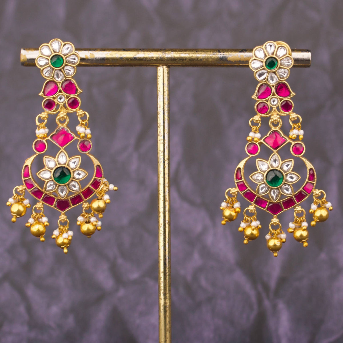 Traditional Crescent Design Jadau Kundan Chandbali Earrings With Ruby And Emerald Stones