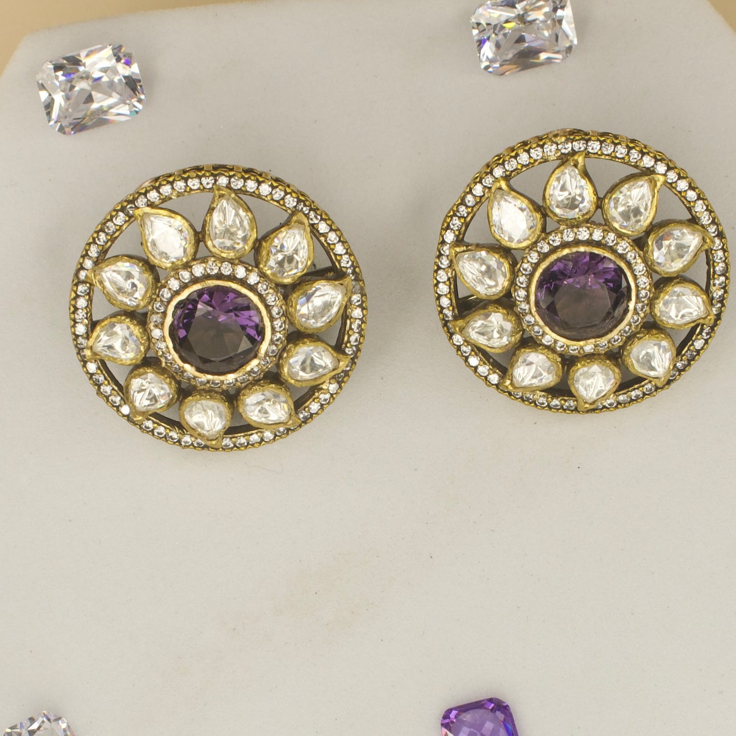 Big size Victorian finish polki studs with high quality victorian finish . Available in Red, Green & Purple