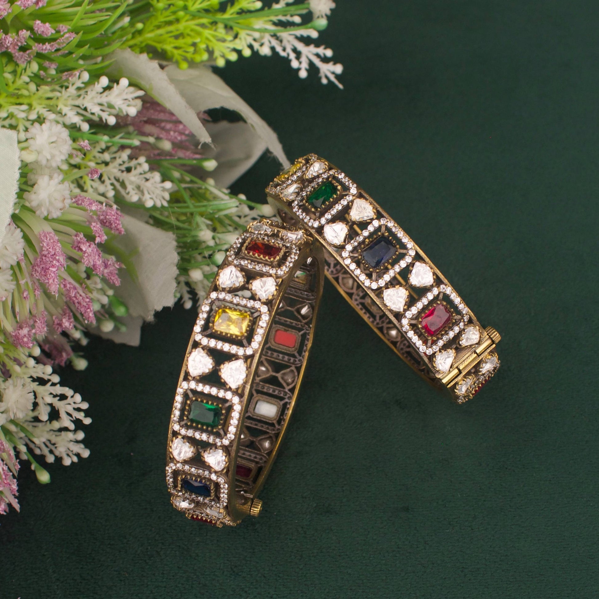 Close-Up Detail View of Traditional Victorian Polki Bangles with AD stones in Navaratna colour | Dulhan Jewels