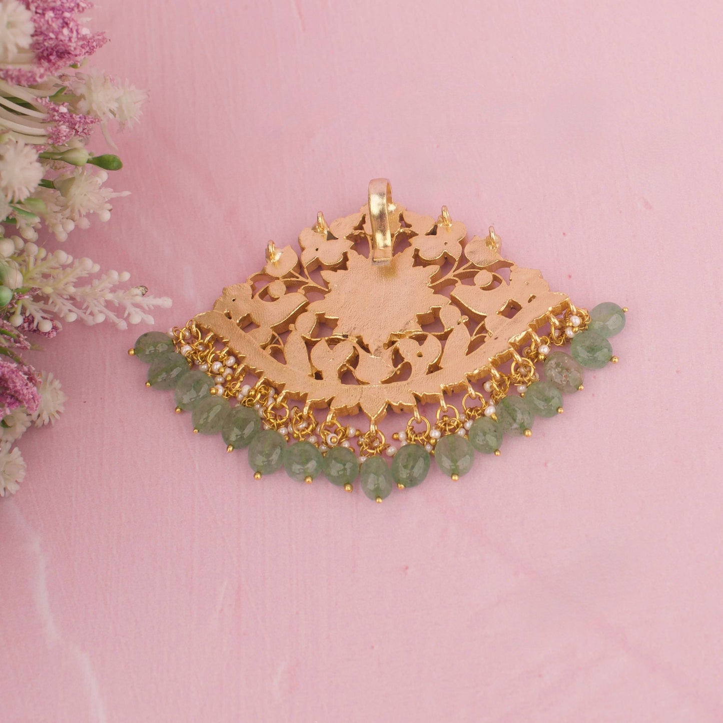 Gold Inspired Jadau Kundan Locket with Green Beads