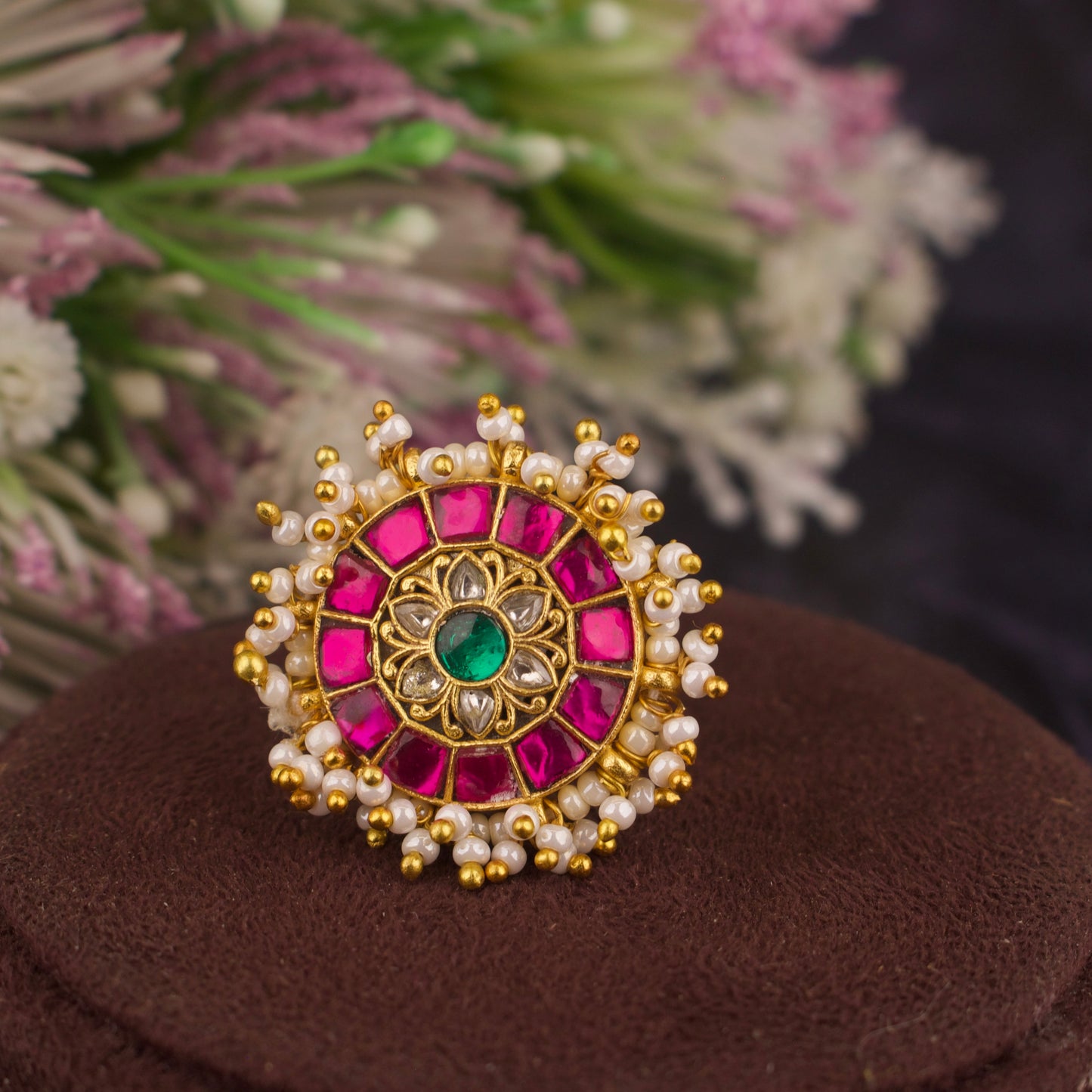 Jadau Kundan Finger Ring In Round Flower Design - DULHAN JEWELS