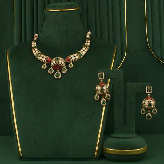 Designer Fusion Kundan & Polki Victorian Necklace with Matching Earrings