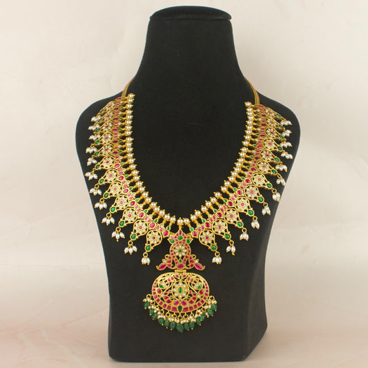 Impressive Floral Design Jadau Kundan Long Necklace with Beads