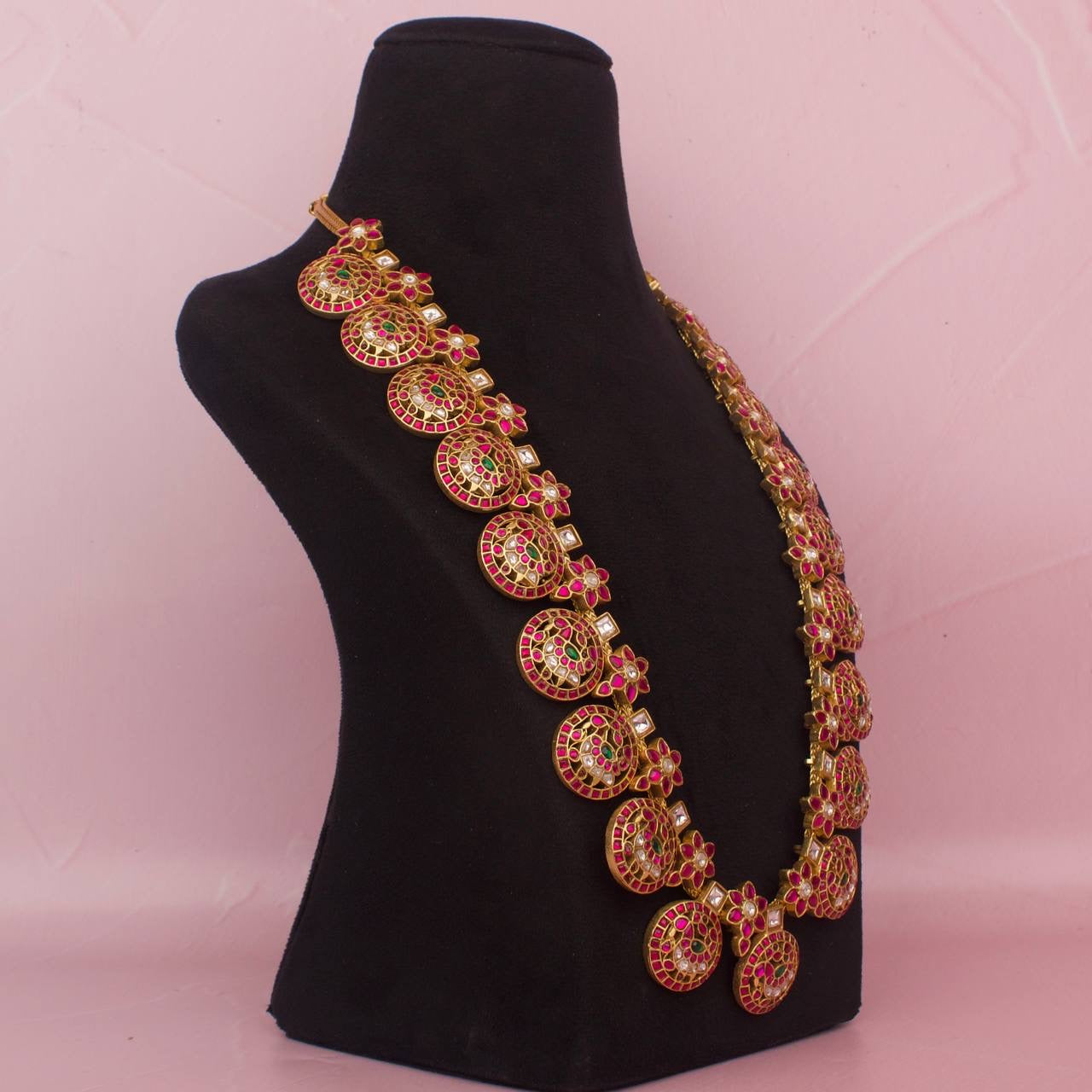 Traditional Jadau Kundan Long Bottumala Haram With Peacock Carving