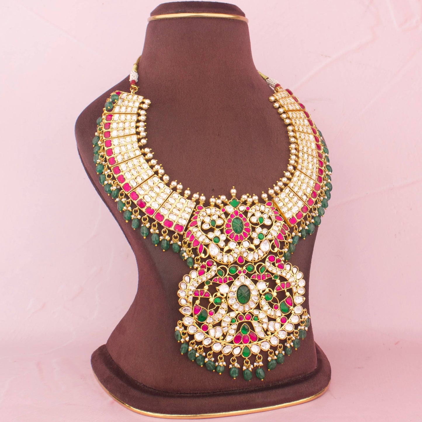 Grand Jadau Kundan Bridal Necklace Set With Emerald Green Beads