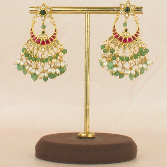 Floral Design Studded Design Jadau Kundan Chandbali with Beads Hanging