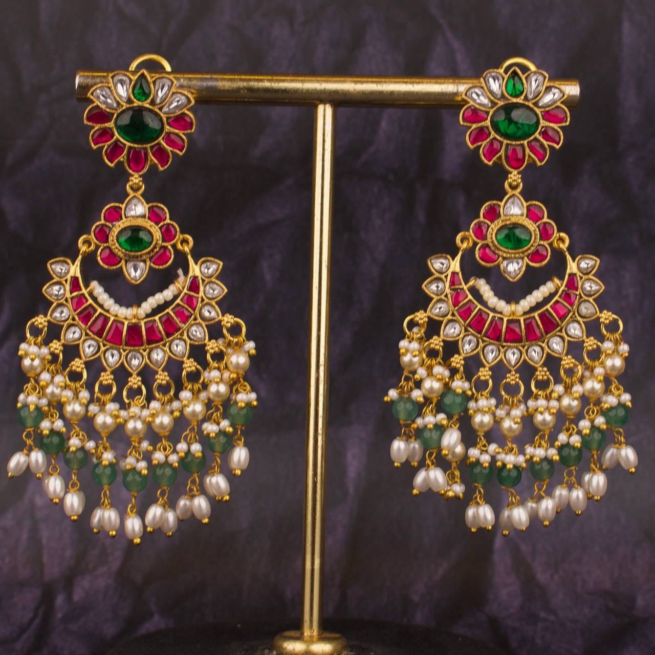 Floral Studded Jadau Kundan Bridal Guttapusalu Hanging Chandbali Earrings